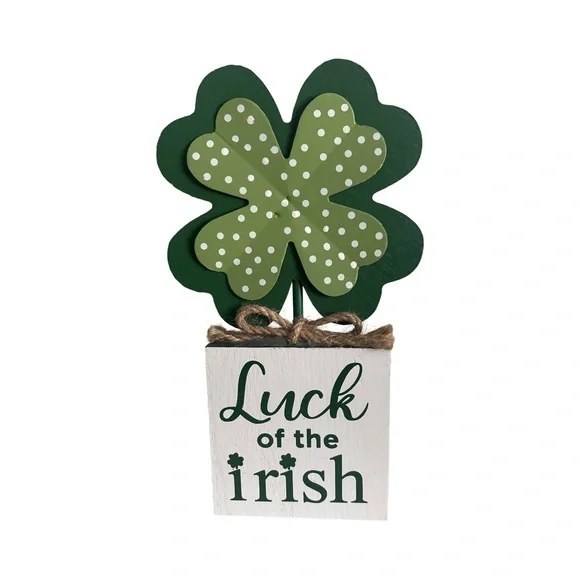 St Patrick’s Day Green White Wood Plaid/Dotted Shamrock Decor Mantel Table Set - Picture 12 of 13